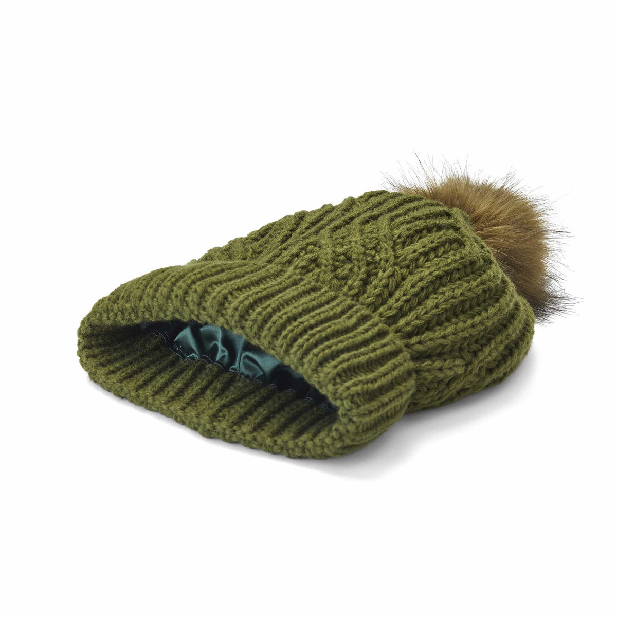 Only Curls Satin Lined Knitted Beanie Hat - Olive with Pom Pom - Only Curls