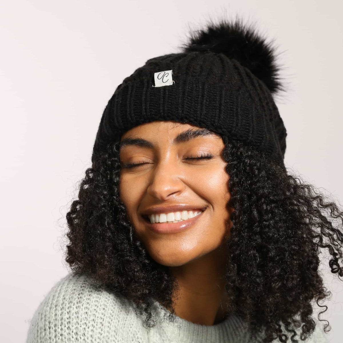 Only Curls Satin Lined Knitted Beanie Hat - Black with Pom Pom - Only Curls